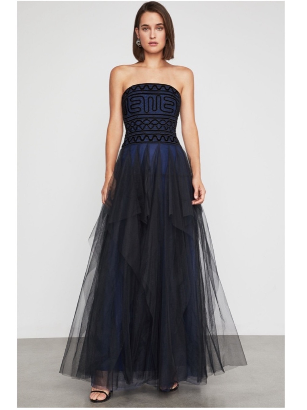 BCBGMAXAZRIA Strapless Embroidered Lace Evening Gown Tulle Navy Black